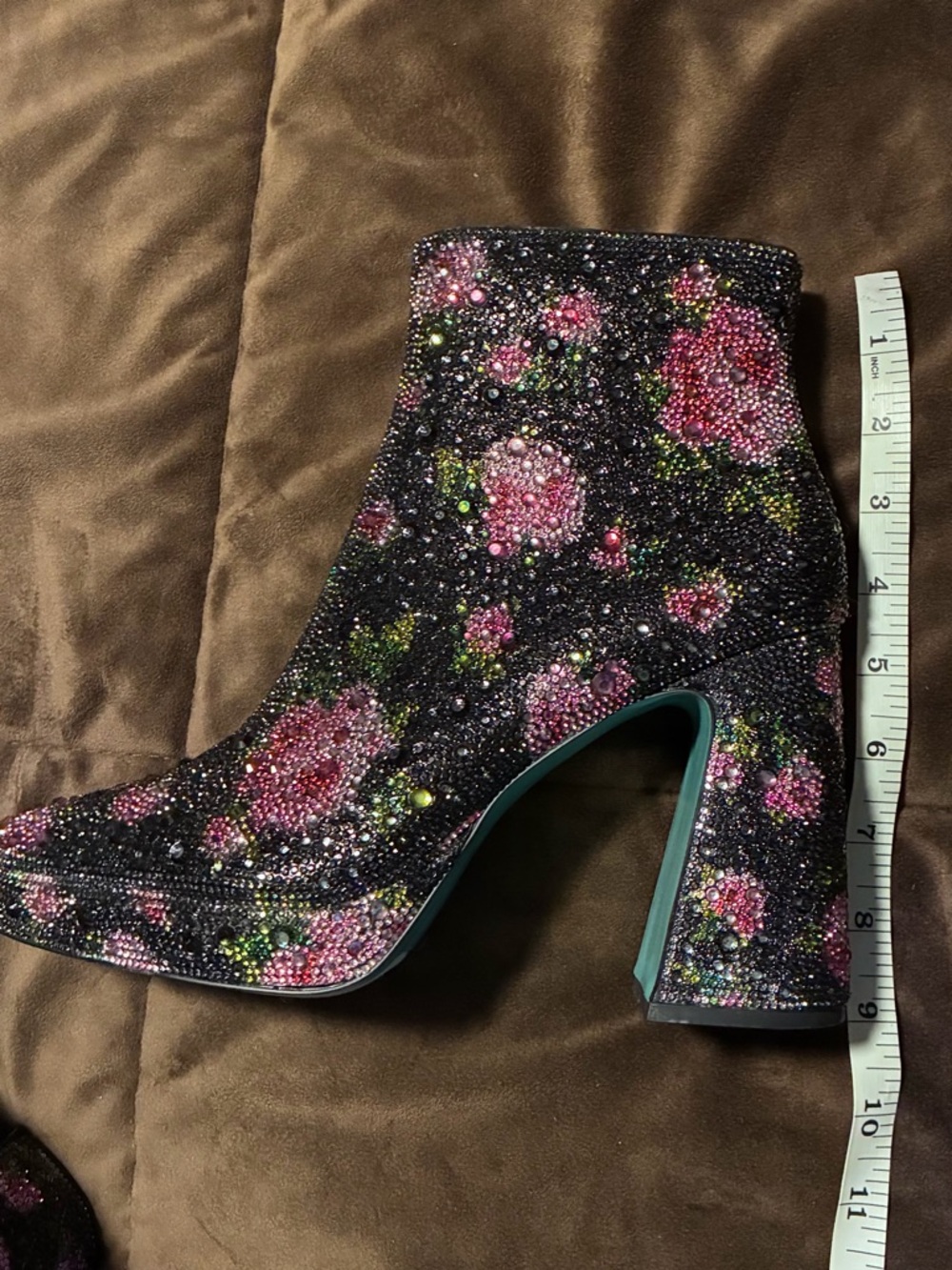 Betsey Johnson brand, size 7.5, Floral Embellished Black Platform Ankle Boots - Picture 4 of 8